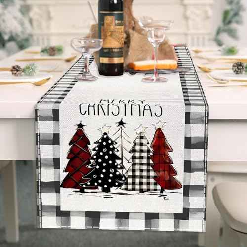 Black White Waterclor Buffalo Plaid Christmas Trees Christmas Table Runners, 72x13Inch Holiday Table Runners Christmas Buffalo Plaid Table Decorations for Home Party Decor