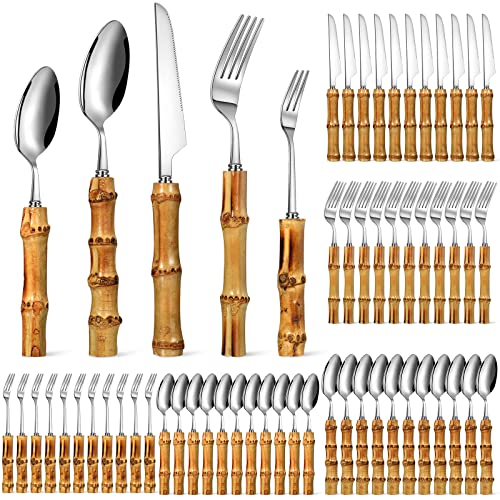 Silver Bamboo Flatware Set for 12 - 60 Pieces - Rustic Dinner Utensils