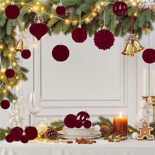 Burgundy Velvet Christmas Ornaments Set 48pcs - 8/6/4 cm Ball Christmas Tree Decorations