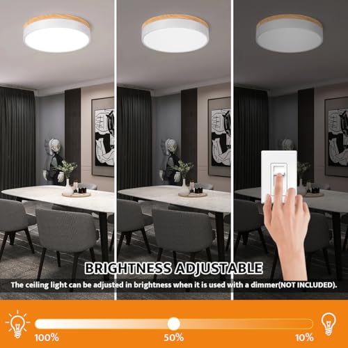 Yiisem Dimmable 11.8-inch Wood LED Flush Mount Ceiling Light - White, Adjustable Color & Brightness