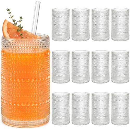 16oz Vintage Hobnail Drinking Glasses Set of 12 with Reusable Glass Straws