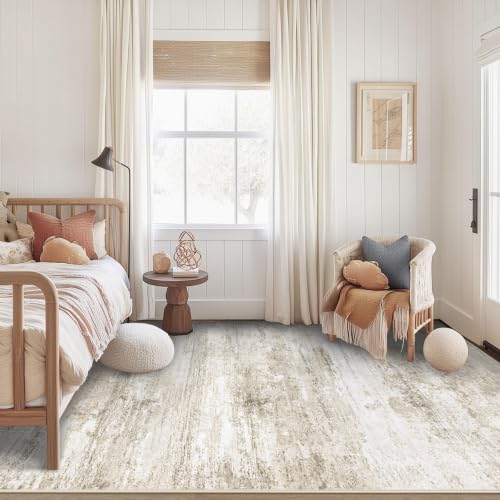 Beige 5x7 Machine Washable Area Rug - Soft Modern Abstract Non Slip Carpet for Living Room Bedroom Kitchen Nursery Office