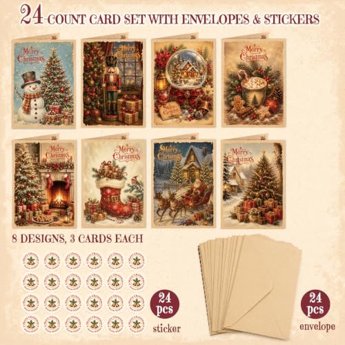 Tlenpo 24 Vintage Christmas Cards Set 5x7 with Envelopes & Stickers – 8 Patterns