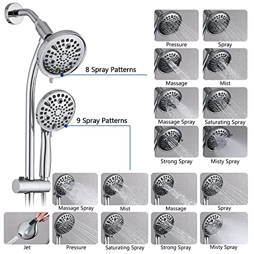 Chrome Rainfall Shower Head with Handheld Spray & Adjustable Slider Bar - High Pressure Dual Shower Combo, 3-Way Diverter, 5Ft Hose