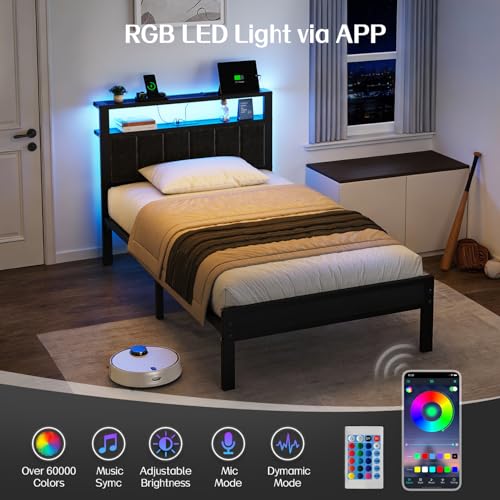 OLEVS Black Twin Bed Frame with LED Lights & USB Outlets, Storage Headboard