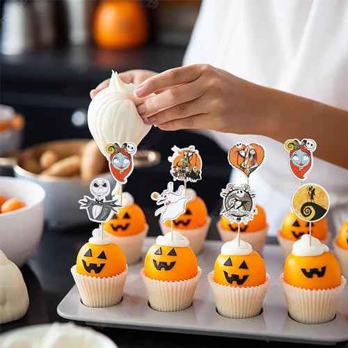 Rsstarxi 42 Pack Nightmare Before Baby Shower Cupcake Toppers Skull Ghost Christmas Cupcake Food Picks Jack Skellington Halloween Cake Decorations for Halloween Birthday Party Decorations