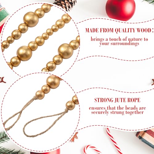 Zeyune Gold Christmas Beads Garland 66 Feet Rustic Wooden Holiday Decor