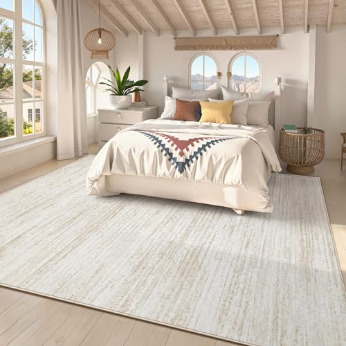 Beige 8x10 Modern Washable Non-Slip Area Rug for Living Room & Bedroom - Soft and Stain Resistant