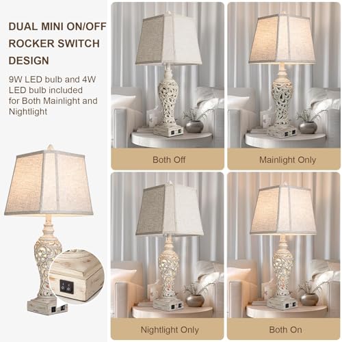 Cream Set of 2 28.5-Inch Farmhouse Bedside Table Lamps with Nightlight & USB Ports