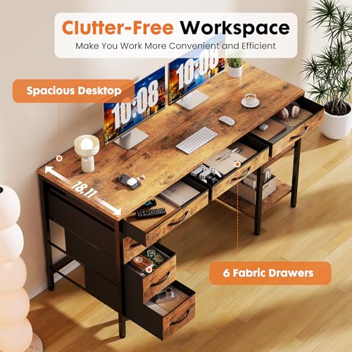 OLIXIS Rustic Brown 55 Inch Computer Desk with 6 Fabric Drawers for Home Office & Gaming