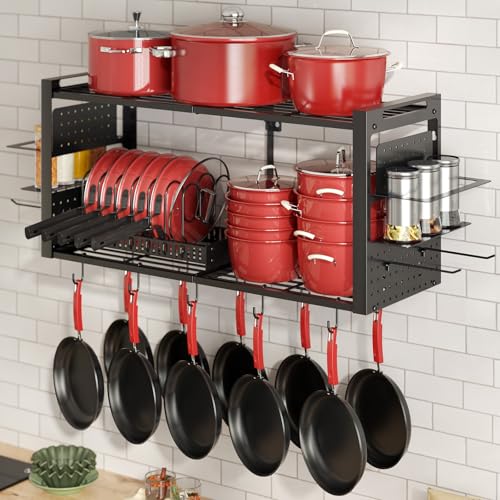 Freexployer 41-Inch Wall-Mounted Pot Rack with 20 Hooks & Lid Organizer, Heavy Duty Kitchen Storage