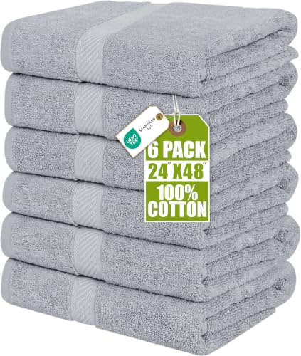 Cool Grey Bath Towels 6 Pack - 24x48 Inches Cotton, Soft & Absorbent