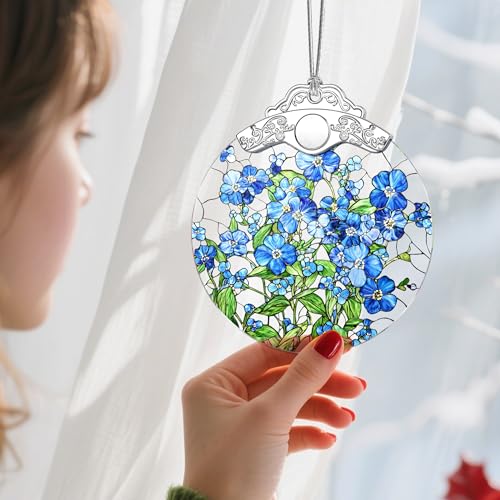 Forget-me-not Stained Glass Christmas Ornament - 3x3.5in Hanging Tree Decor, Jocidea
