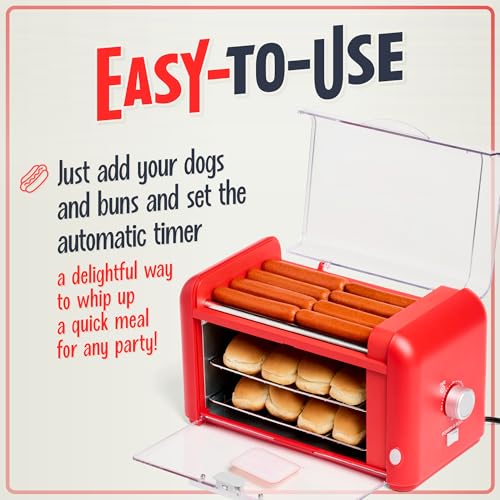 Nostalgia Hot Dog Roller & Bun Toaster Oven - Red, 8 Rollers, Multi-Use