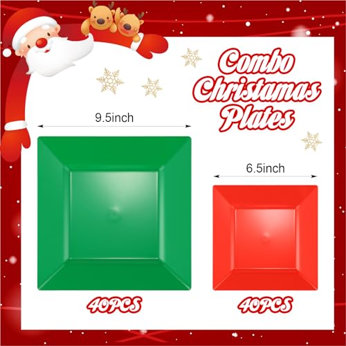 Maxcheck Christmas Disposable Square Plates Set 80 pcs, Red & Green Holiday Dinnerware