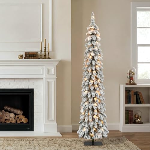 Puleo International 7ft Pre-Lit Flocked Alpine Pencil Christmas Tree