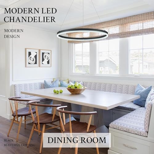 Black 24in Dimmable LED Pendant Light Ring Chandelier for Living Room & Dining
