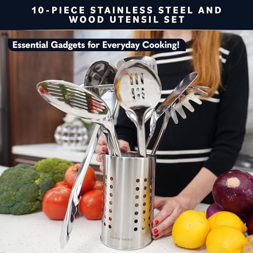 10-Piece Stainless Steel Kitchen Utensil Set with Wooden Handles - Home Hero