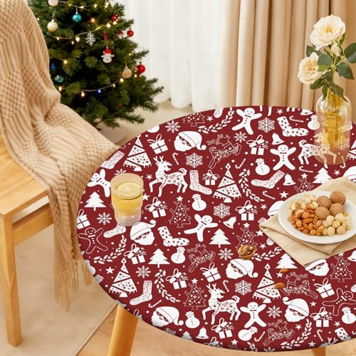 Artsgoo Christmas Round Fitted Tablecloth 52-Inch for 46-50 Inch Tables