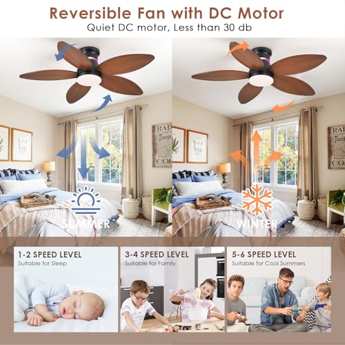 BYKISTOK 46in Tropical Palm Leaf Ceiling Fan with Lights & Remote - Reversible, Dimmable LED, RGB Side Light, Brown Flush Mount