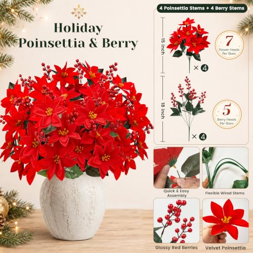 Der Rose Artificial Poinsettia Flowers 8 Stems with Holly Berries - Holiday Decor