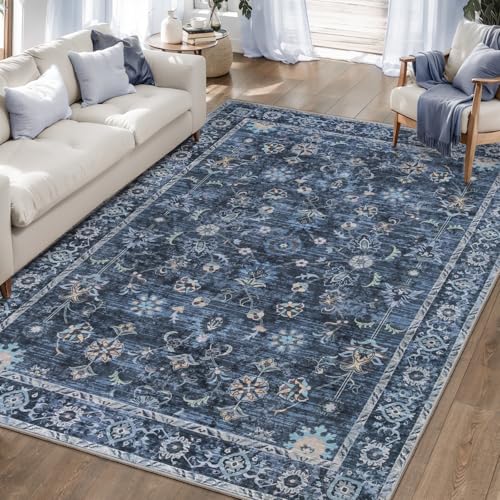Distressed Blue & Black 5x7 Washable Area Rug for Bedroom & Living Room - Non-Slip