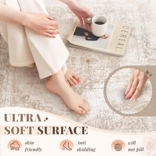 Zomfy 8x10 Beige Vintage Washable Area Rug - Distressed Indoor Floor Carpet