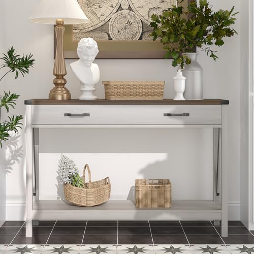 ChooChoo 47 Inch Farmhouse Console Table with Drawer & Storage Shelf - White & Brown
