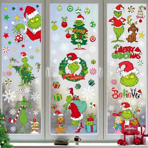 Christmas Window Clings Xmas Decor - 90 PCS Reusable Double Sided Static Window Stickers - Merry Christmas Gel Decals for Xmas Decorations Indoor Party Supplies