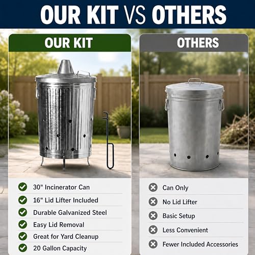 20-Gallon Galvanized Steel Incinerator Can with Lid and Ventilation Holes - Outdoor Yard Waste Burner