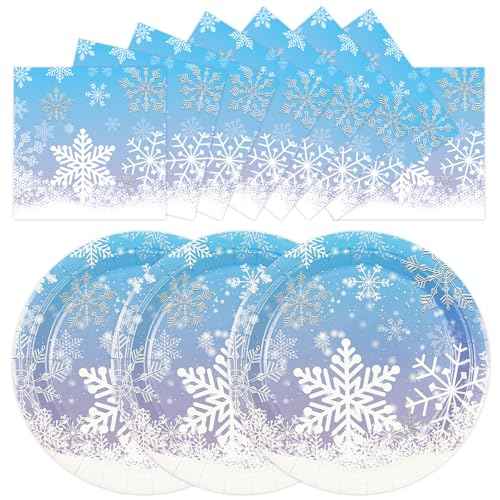 50PCS Frozen Plates and Napkins Party Decorations, 7inch Frozen Paper Dessert Plates and Napkins Disposable Winter Snowflake Tableware Sets for Christmas Winter Wonderland Party Supplies Table Decor