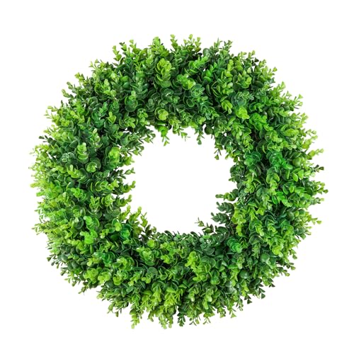 Large Green Boxwood Wreath 24 Inch Front Door Spring Garden Decor - Hello Sign Included