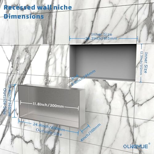 OLNGYUE Brushed Nickel Stainless Steel Recessed Shower Niche 24x12 inch Wall Shelf