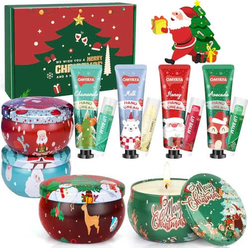 Christmas Scented Candle Gift Set with Mini Hand Cream & Lip Balm – 4 Premium Scents