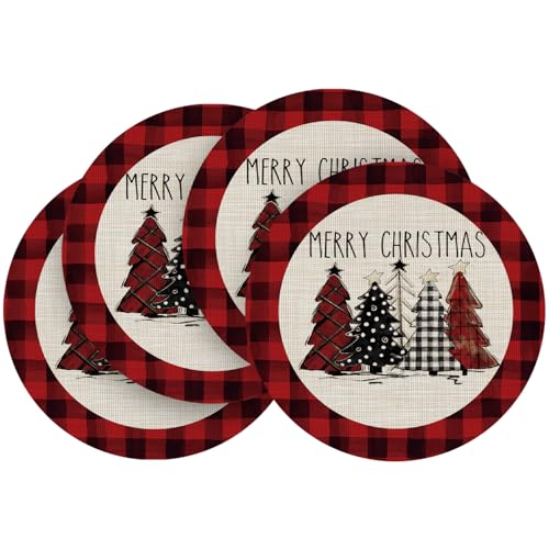 14-Inch Xmas Christmas Vinyl Round Placemats Set of 4 - Wipeable Winter Table Mats, Red