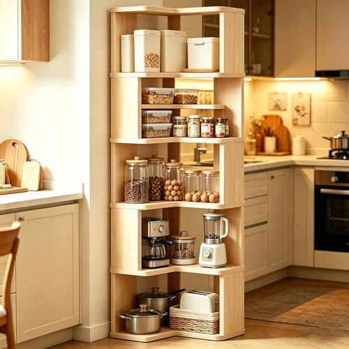 Brown 6-Tier L-Shaped Corner Bookshelf with Bookends - Modern Storage