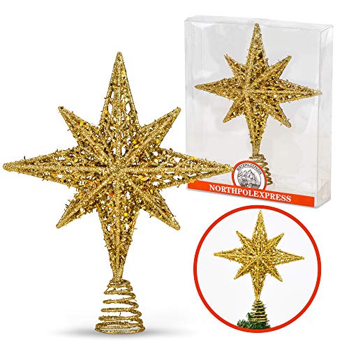 Bethlehem Glitter Gold Star Tree Topper 8 Inch for 3–6 ft Christmas Trees