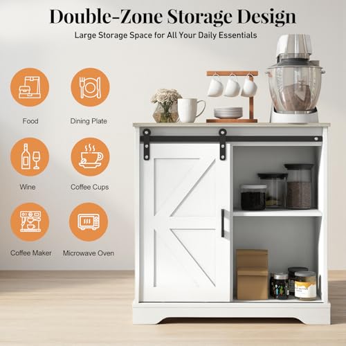 Sliding Barn Door Buffet Sideboard Storage Cabinet - White with Nature Top - Farmhouse Style
