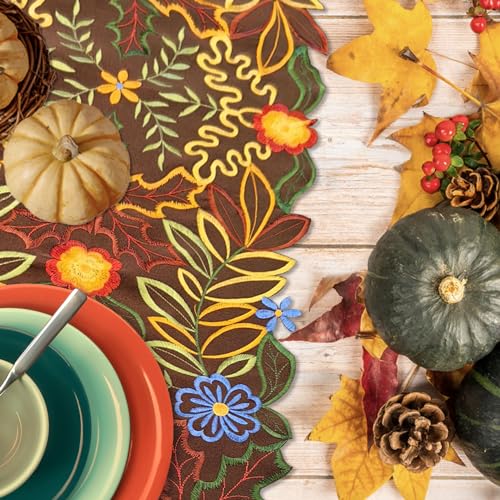 Autumn Flowers & Maples Table Runner 69in - LeLehome Embroidered Decor, 14" x 69"