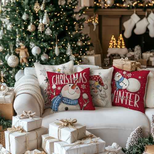 GEEORY Merry Christmas Throw Pillow Covers 20x20 Inch Set of 4, Santa Snowmen Xmas Trees Hello Winter Snowflake Holiday Farmhouse Decorative Cushion Cases for Home Decoration (Red) G602-20