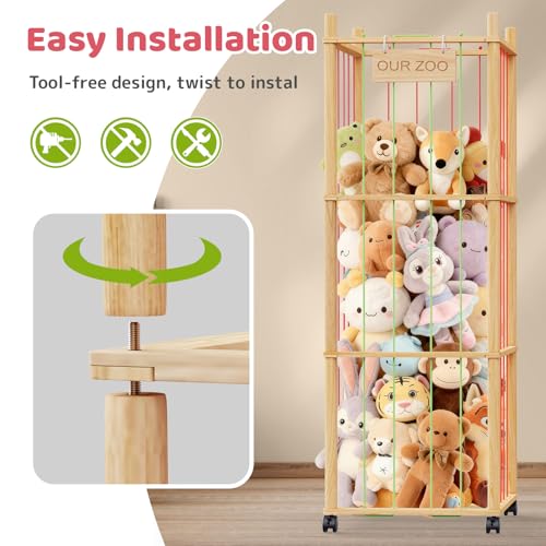 SWRSWR Beige Wooden Stuffed Animal Storage Zoo - Large Capacity Playroom Organizer