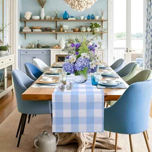 yuboo Light Blue Gingham Table Runner, Summer Blue and White Buffalo Plaid Check Table Cloth 72 inches Long, Fall Table Decor Party Supplies, Farmhouse Baby Shower Birthday Christmas Decorations