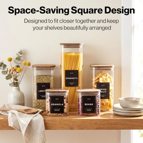 Glass Pantry Storage Jars with Acacia Lids & Labels - Black Labels 5 Pack