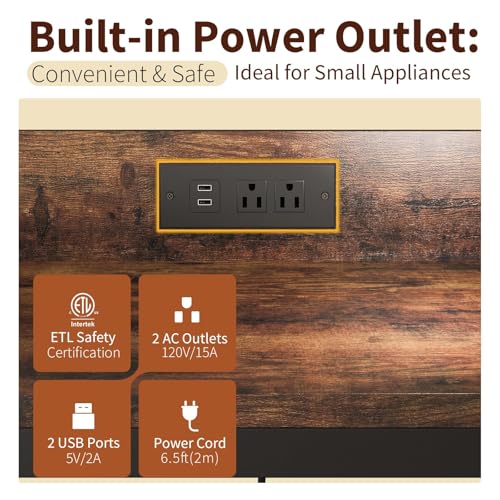 Rustic 3-Tier Adjustable Microwave Cart with Power Outlet and Casters - Brown