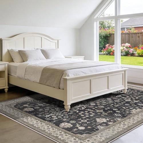8x10 Charcoal Blush Ivory Washable Area Rug - Vintage Floral Design, Non-Slip, Pet & Kid Friendly