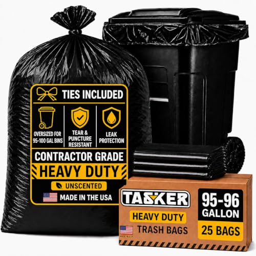 Tasker 95 Gallon Heavy Duty Contractor Trash Bags - Pack of 25, 2 Mil Extra Thick Waste Liners
