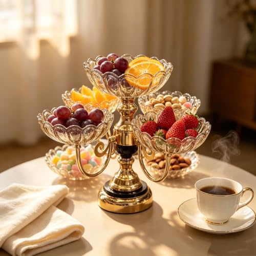 Rotatable 5 Plate Amber Glass Fruit Serving Stand with Gold Metal Frame