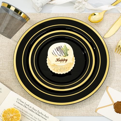 Black Gold Disposable Dinnerware Set for 50 Guests - 350 Pieces