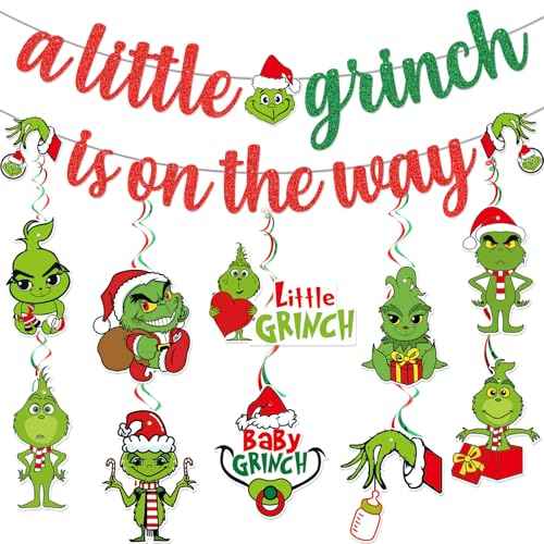 Green Monster Christmas Baby Shower Decorations with Banner Hanging Swirls for Whoville Gender Reveal Party Supplies