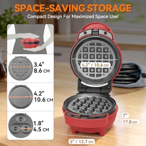 4-in-1 Mini Waffle Maker with Removable Plates - Red, Compact & Versatile